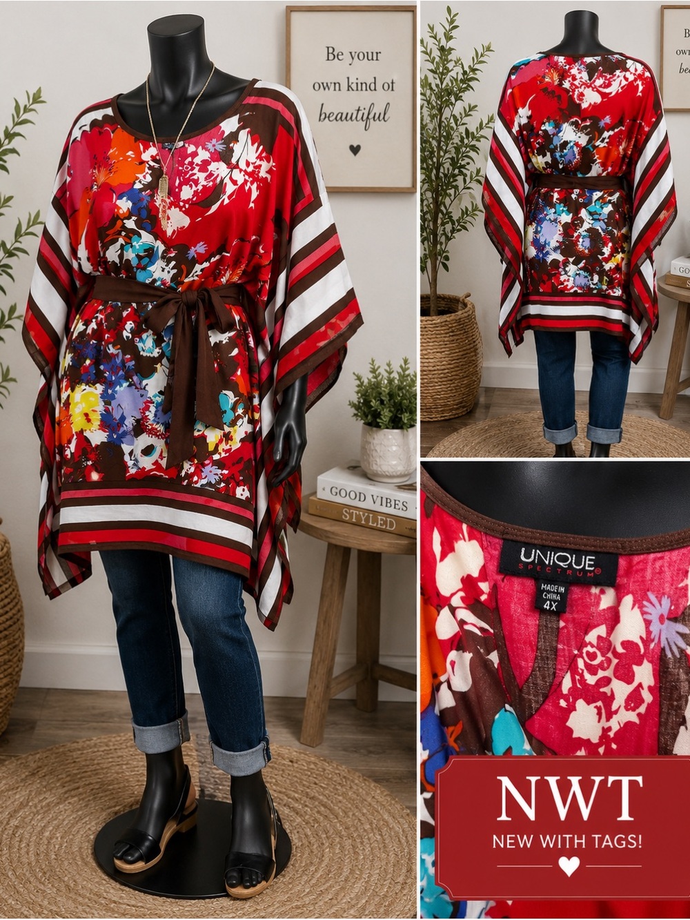 NWT Unique Spectrum 4X Floral Kaftan Tunic Top Belted Red Brown Boho Plus Size